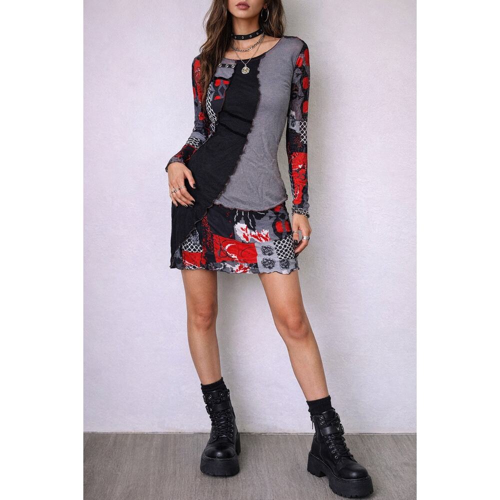 Adore Patchwork Mesh Dress Asymmetrical Y2K Red Black Gray Size M